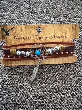 4-4- $25- Unisex Brown Leather Dreamcatcher Wrap Bracelet with Turquoise Bead